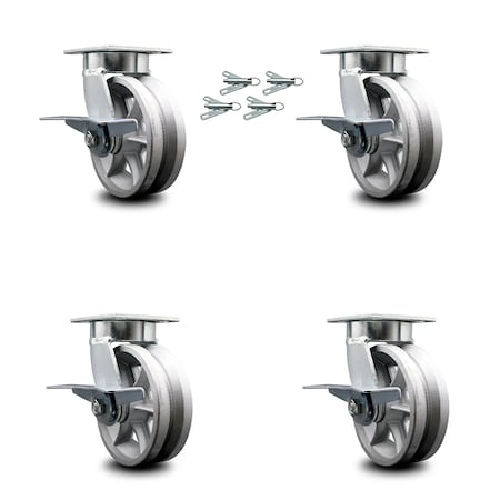 Service Caster 6 Inch Kingpinless V Groove Semi Steel Wheel Caster Set with Brake & Swivel Lock SCC-KP30S620-VGR-SLB-BSL-4